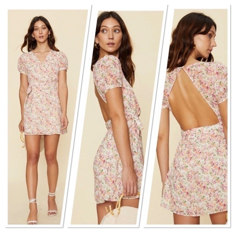 Revolve LPA Women's Floral Print Mini‎ Dress Pink Wrap Dress Cut Out Back S